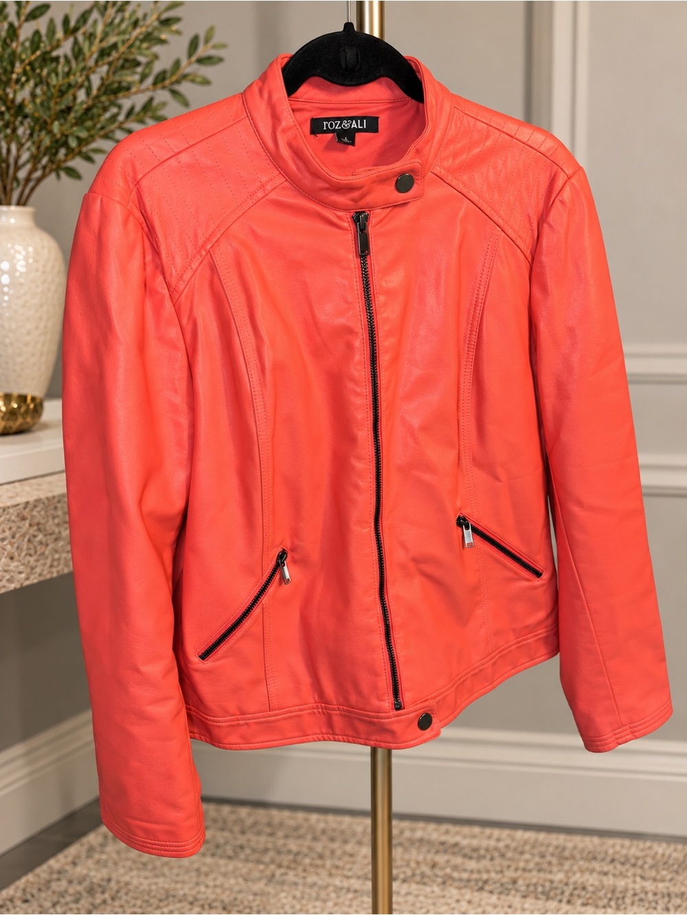 Faux Leather Moto Jacket in Red/Pink Size Large